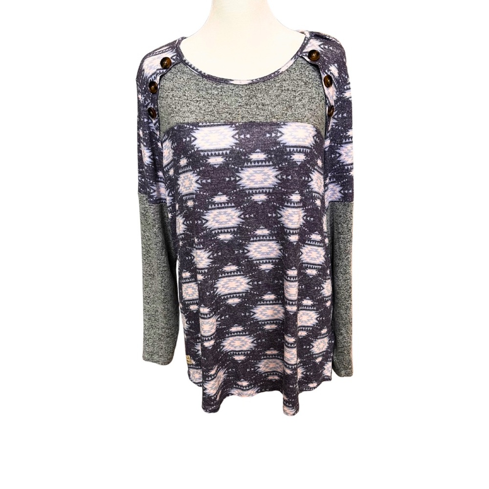 Simply Southern Blue and Grey Long Sleeve Blouse Relaxed Fit